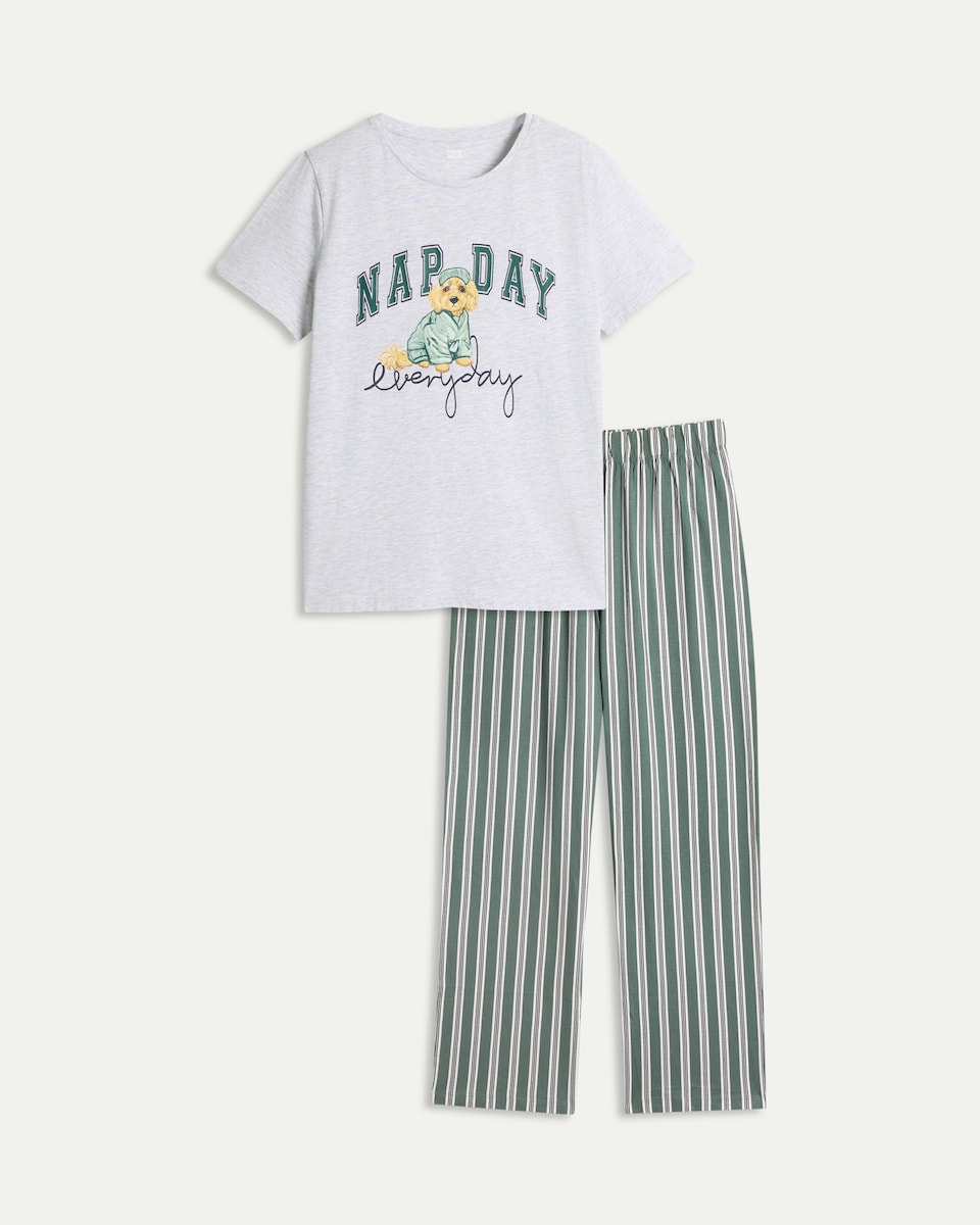 image 1 of F&F Cotton Rich Nap Day Pyjama Set in Multi Grey