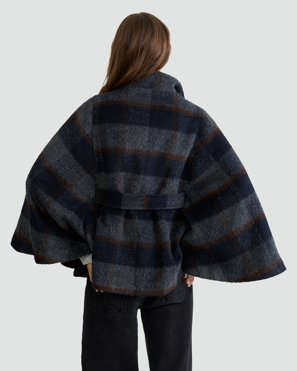 image 1 of The F&F Edit Check Print Belted Cape with Wool in Multi Blue