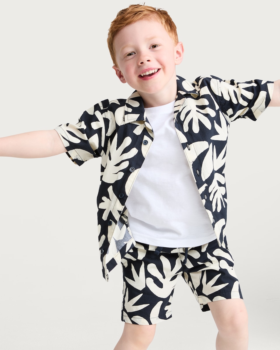 image 1 of F&F Boys Tropical Leaf Print Shirt and Short Set in Multi Black White