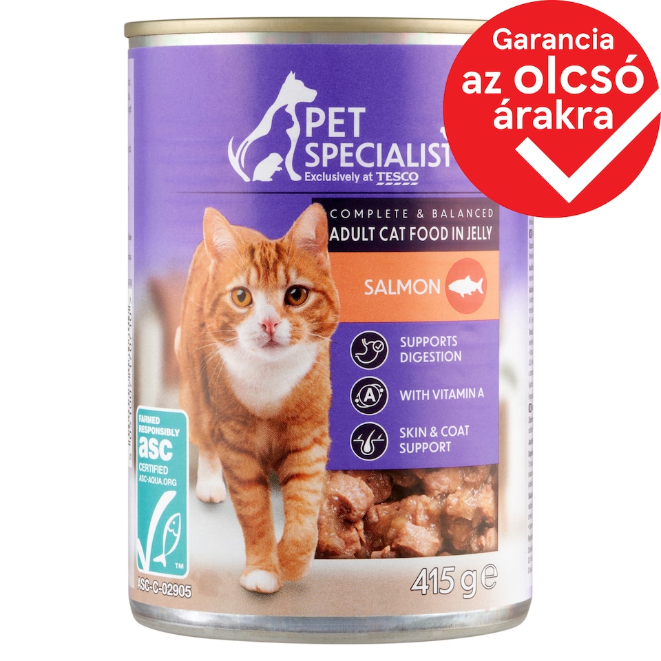 Pet Specialist teljes értékű állateledel felnőtt macskák számára, falatkák lazaccal aszpikban 415 g