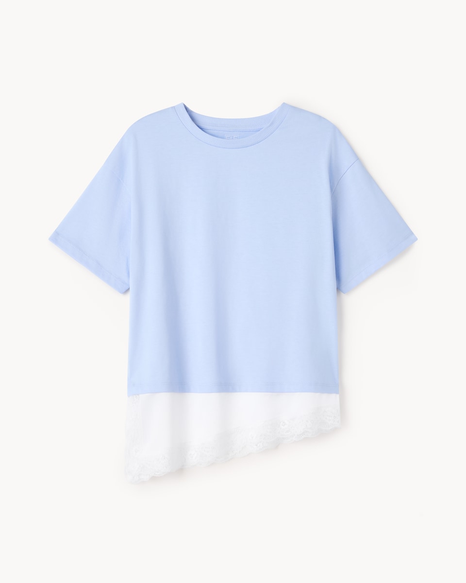 image 1 of F&F Girls Pure Cotton Lace Hem T-Shirt in Blue