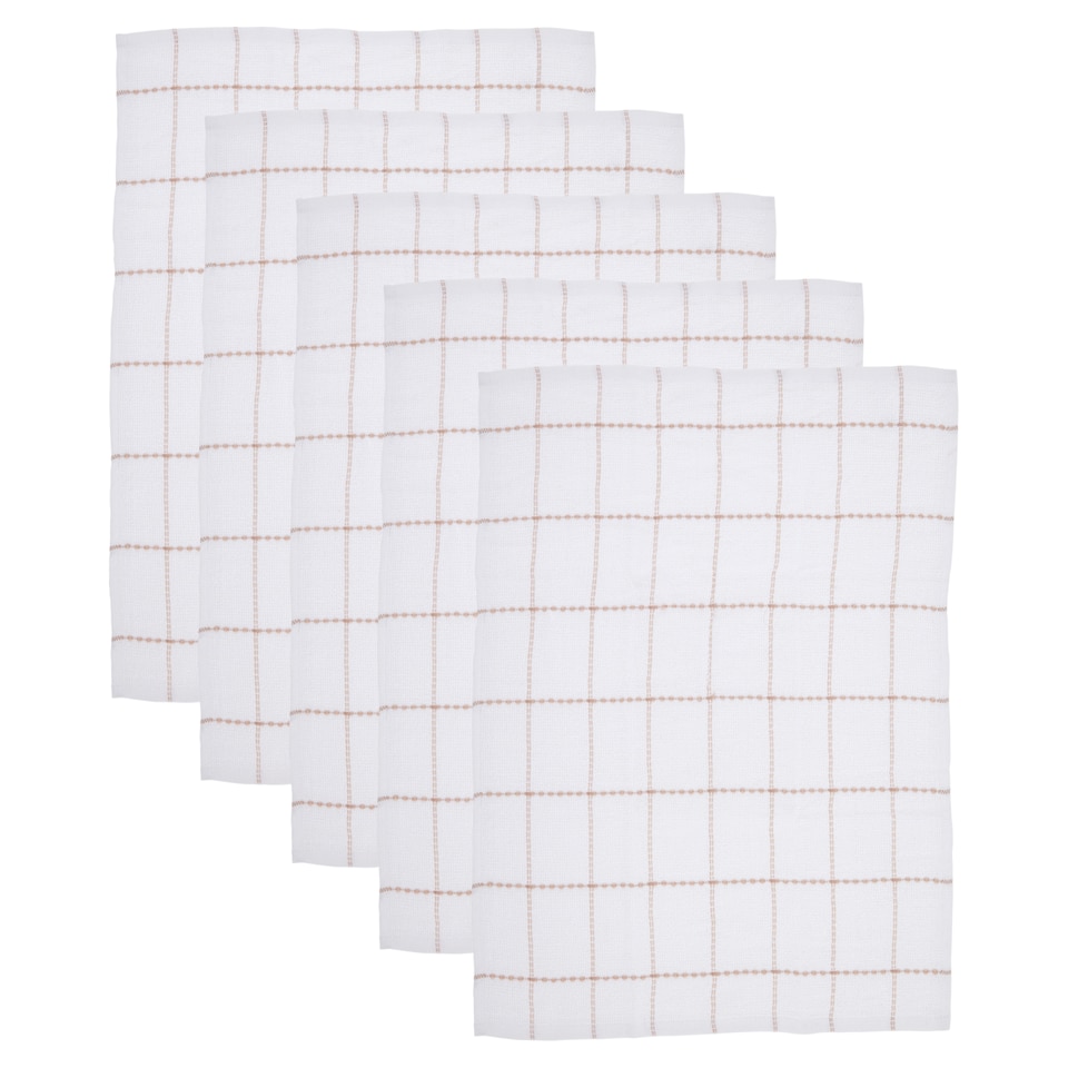 image 1 of Tesco Linear Check Tea Towels 5 Pack Stone