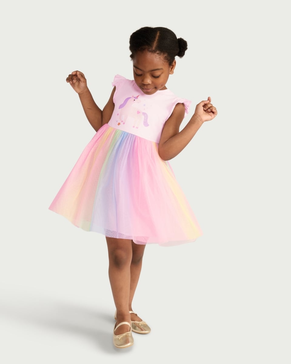 image 1 of F&F Girls Unicorn Rainbow Flutter Sleeved Dress in Multi Pink