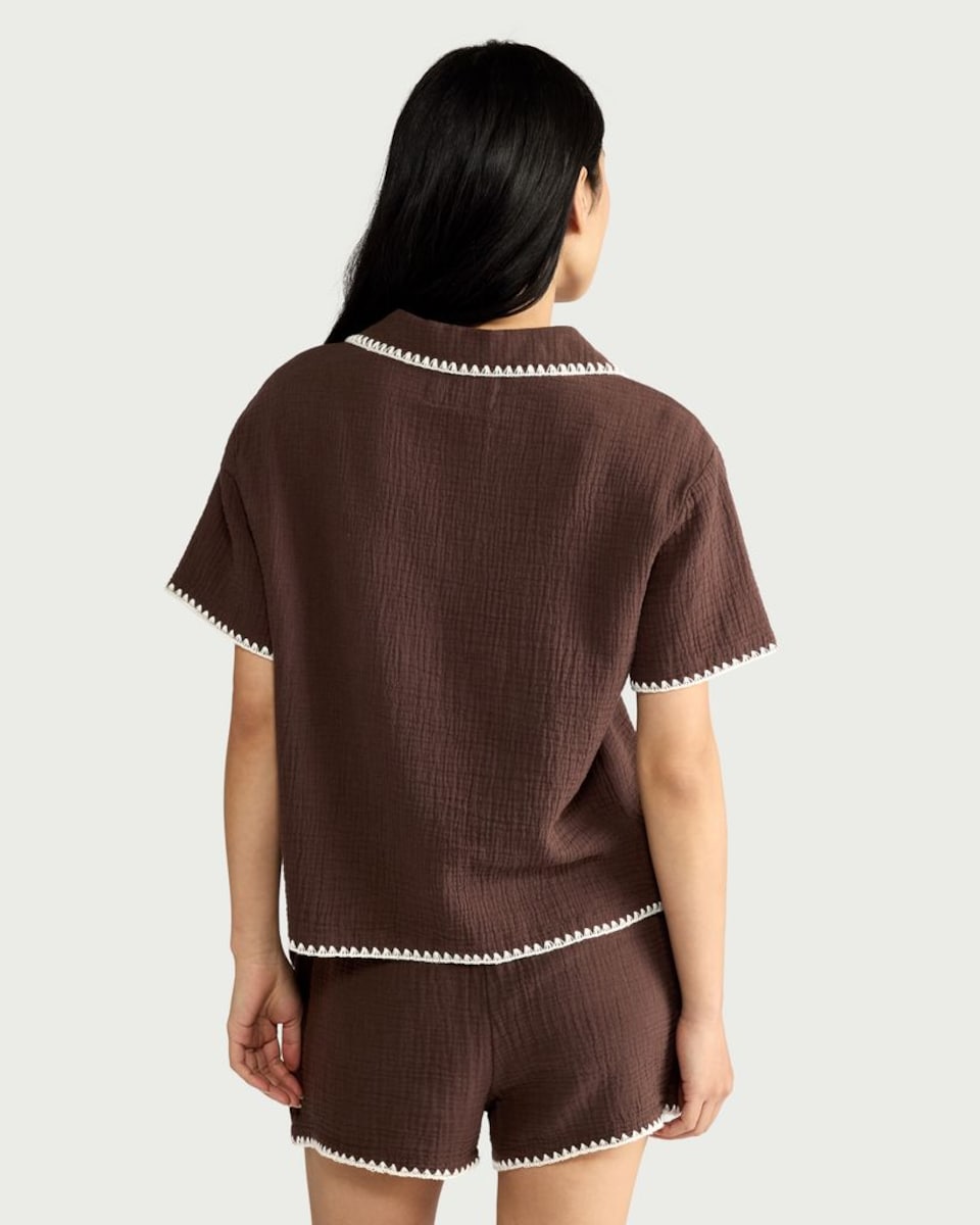 image 1 of F&F Pure Cotton Embroidered Revere Short Pyjama Set in Brown
