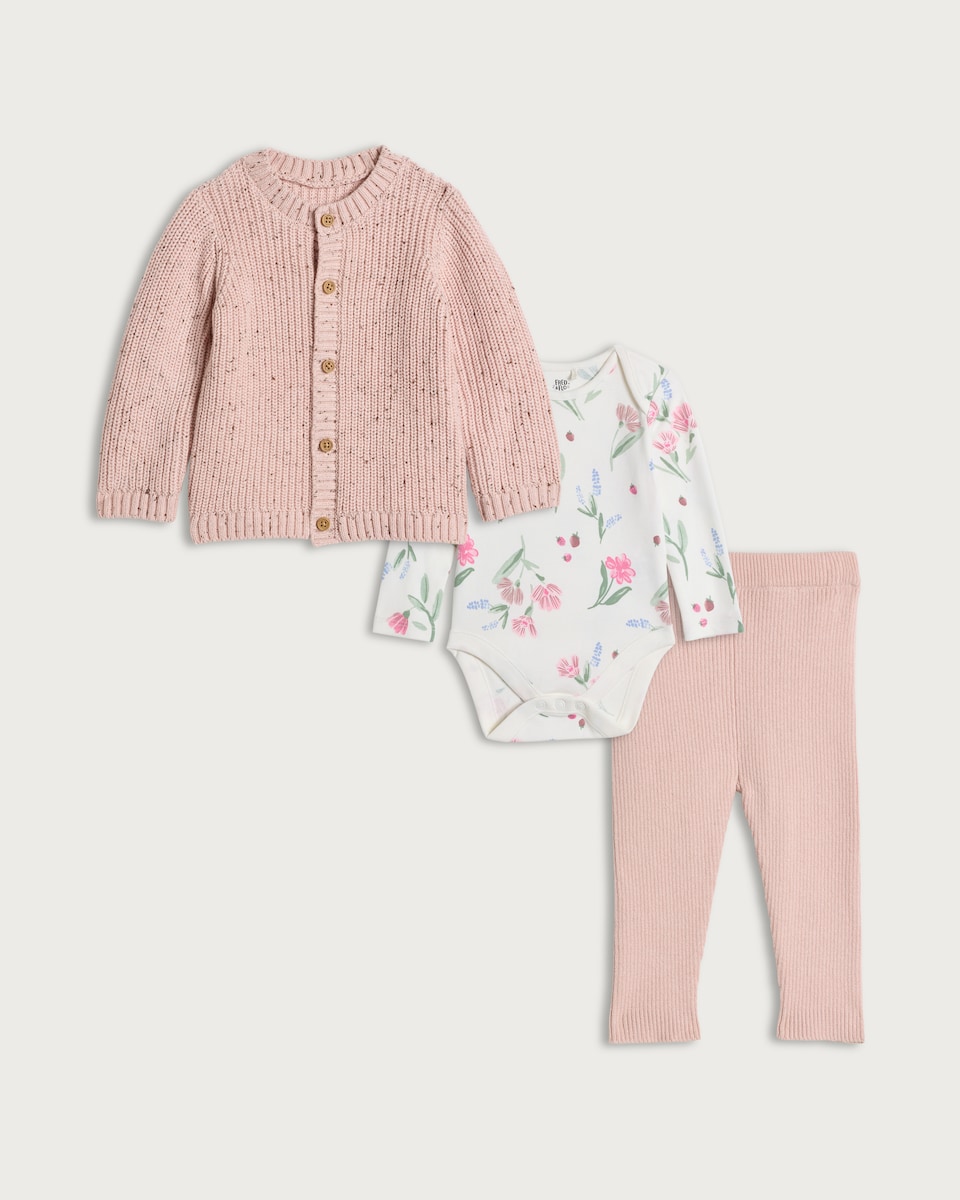 image 1 of F&F Baby 3-Piece Cotton Rich Cardigan, Bodysuit and Leggings Set in Pink