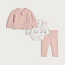 F&F Baby 3-Piece Cotton Rich Cardigan, Bodysuit and Leggings Set in Pink