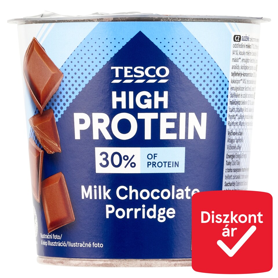 Tesco High Protein instant kakaós zabkása tejcsokoládé-darabokkal 65 g 