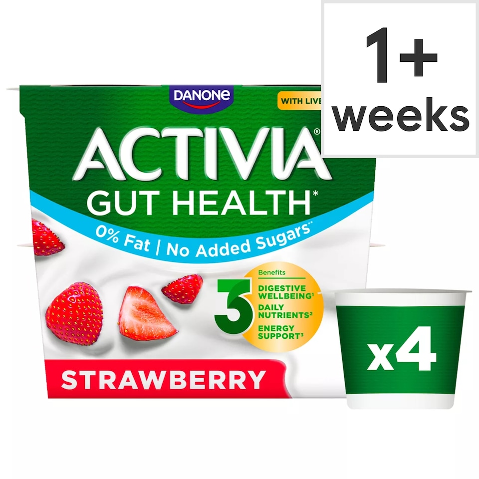 Activia Strawberry No Added Sugar Fat Free Gut Health Yoghurt Multipack 4x115g