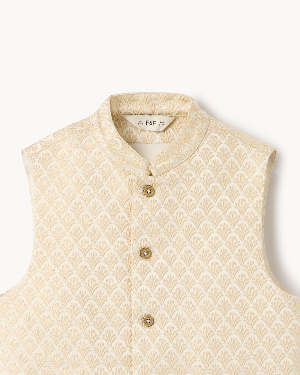 image 1 of F&F Boys Patterned Diwali Waistcoat in Cream