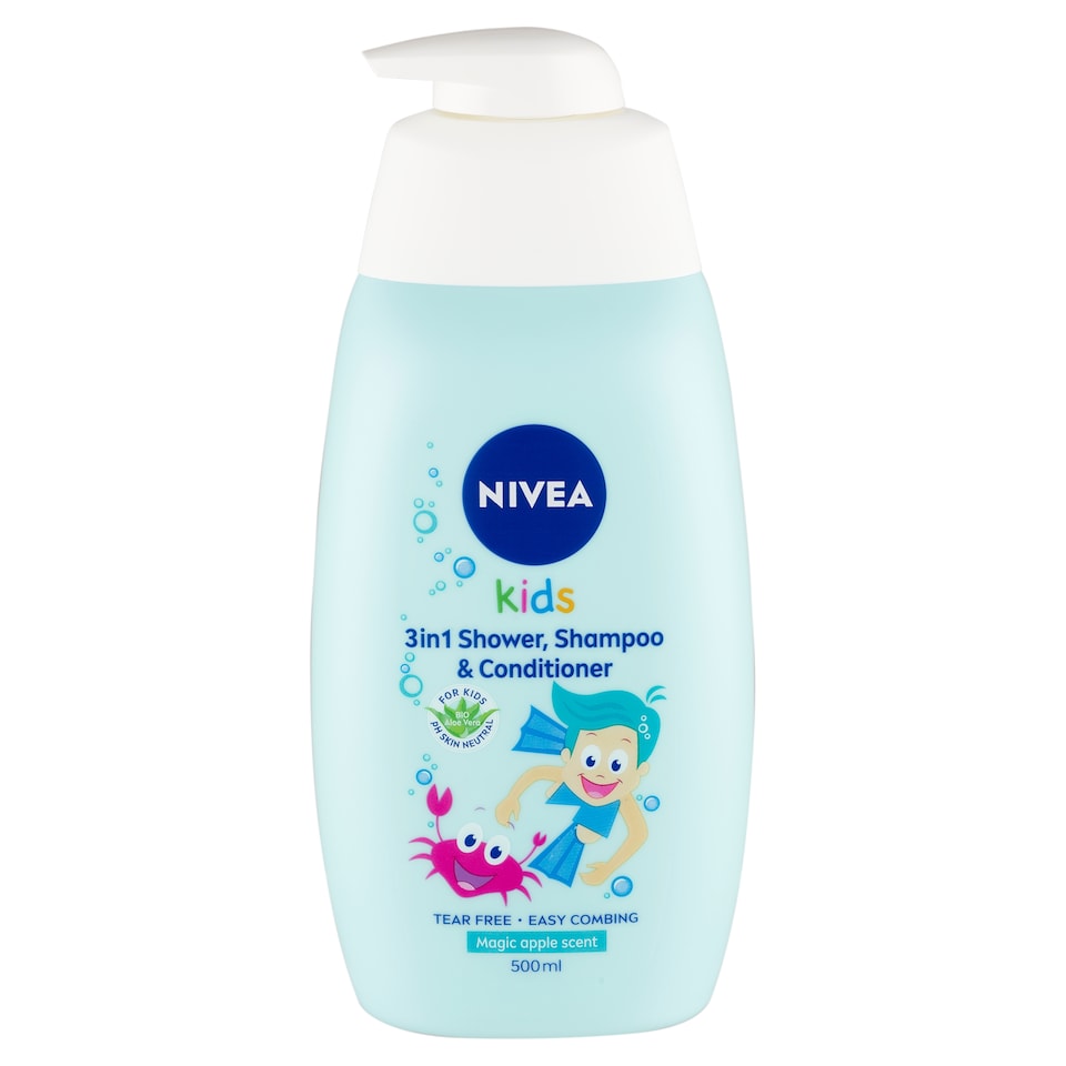 NIVEA Kids Magic Apple 3in1 tusfürdő, sampon és balzsam kamilla és bio aloe vera kivonattal 500 ml 1. kép