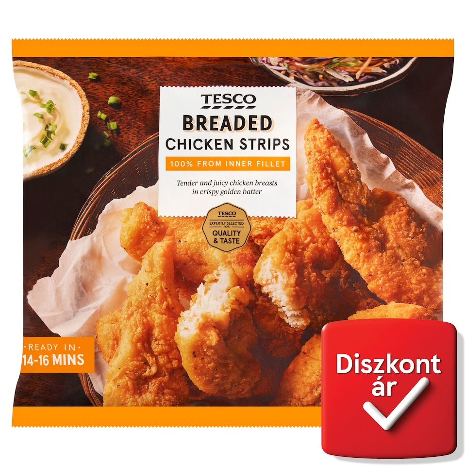 Tesco csirkemellfilé felhasználásával készült, panírozott, elősütött, gyorsfagyasztott termék 500 g