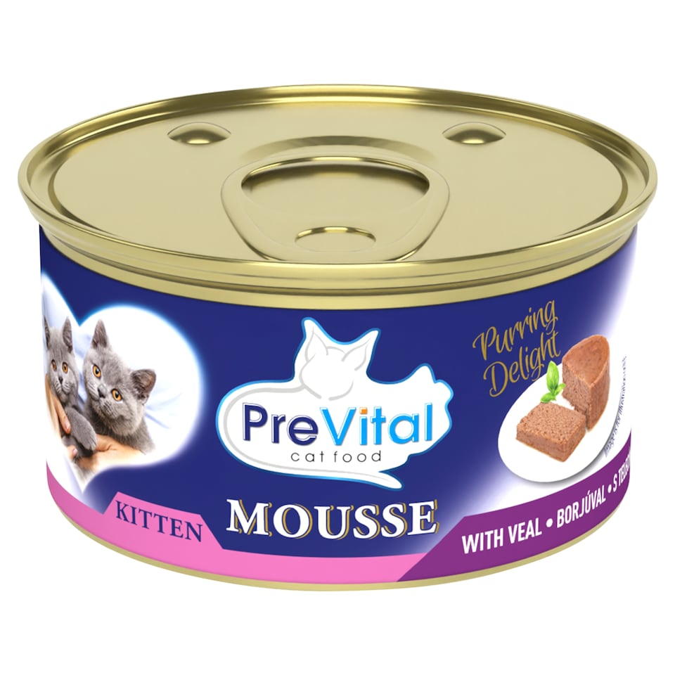 PreVital Mousse nedves macskaeledel, macskatáp kölyökmacskáknak borjúval pástétom konzerv 85 g  1. kép