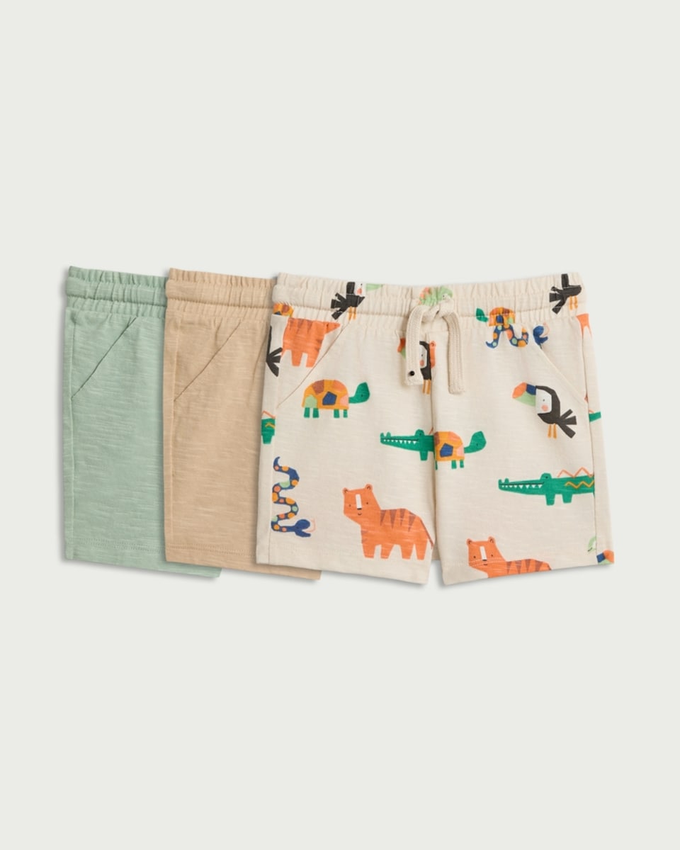 F&F Baby 3-Pack Pure Cotton Animal Print Drawstring Shorts in Neutral