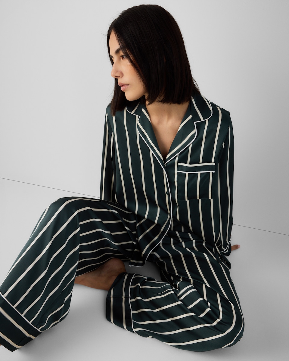 image 1 of F&F CoolEase™ Satin Striped Revere Pyjama Set in Multi Green