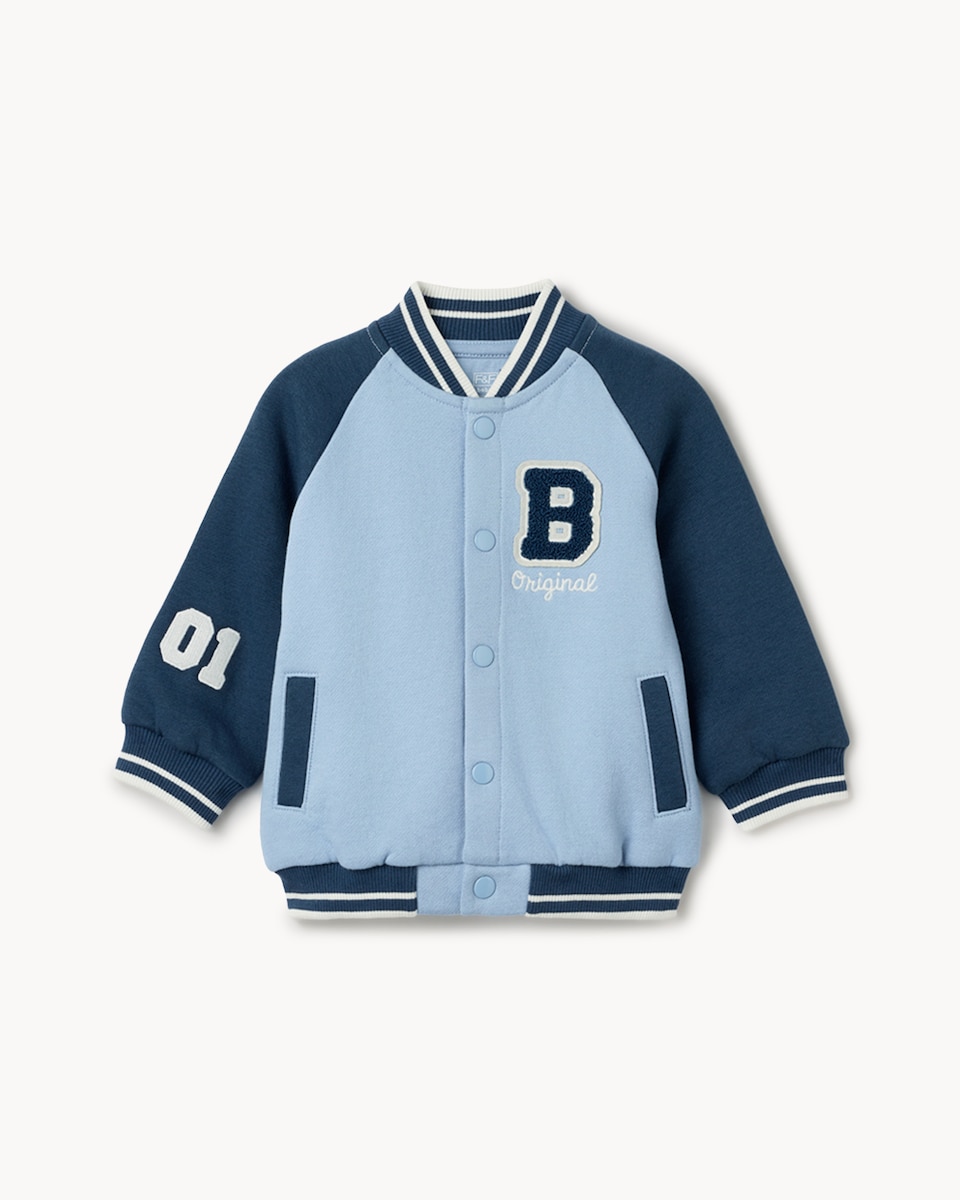 image 1 of F&F Baby 3-Piece Cotton Rich Varsity Bomber Jacket, Top and Joggers Set in Navy