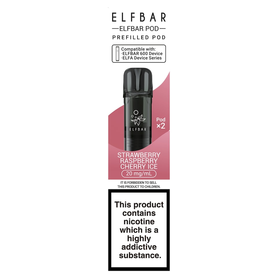 Elf Bar 600 Refillable Pod Strawberry Raspberry Cherry Ice 20mg/ml 2 x 2ml