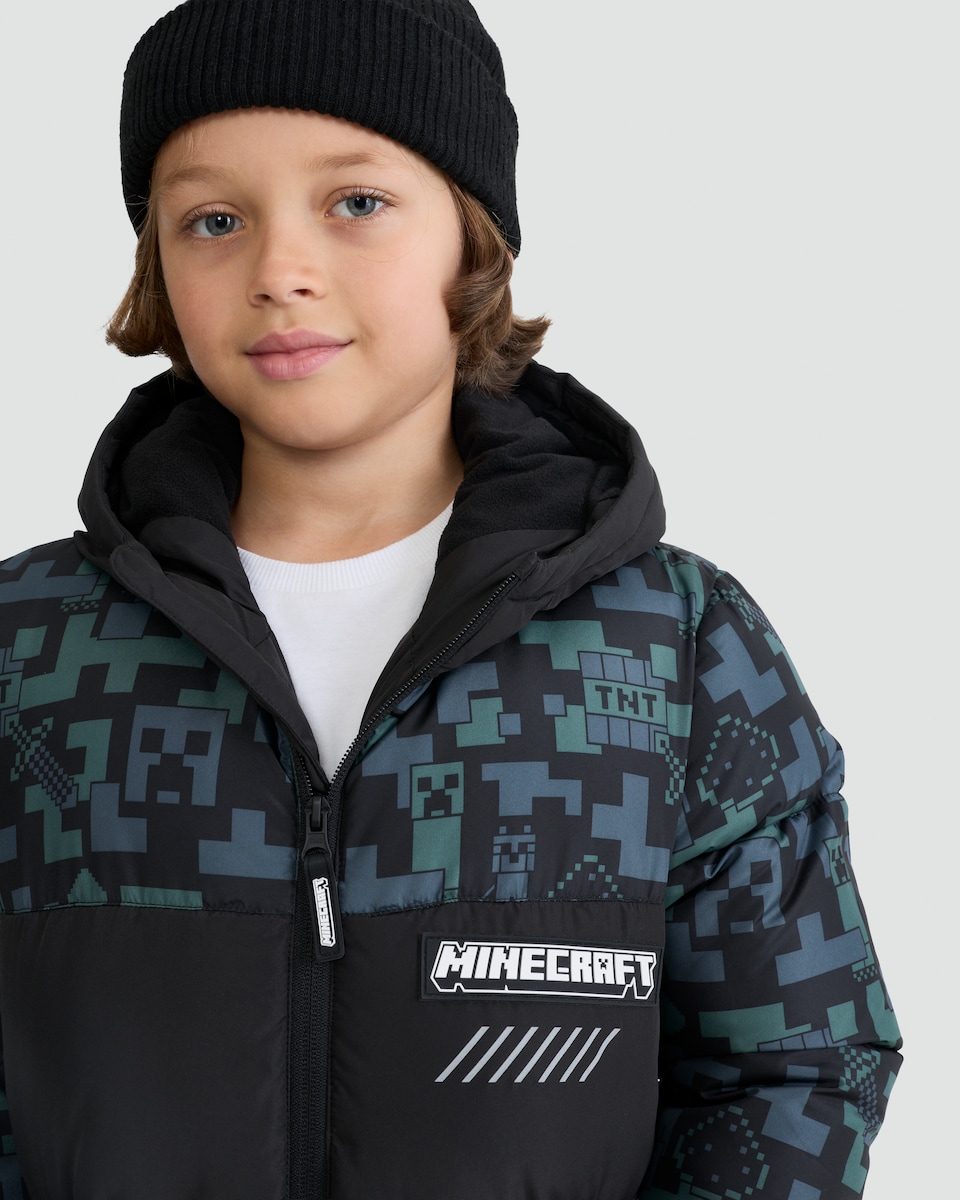 image 1 of Minecraft Creeper Print Puffer Jacket in Black