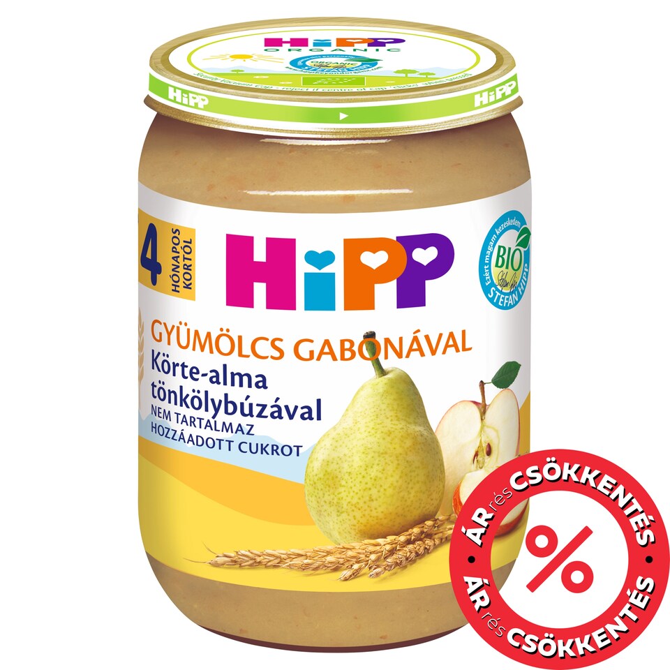 HiPP Gyümölcs Gabonával bio körte-alma tönkölybúzával bébidesszert 4 hónapos kortól 190 g