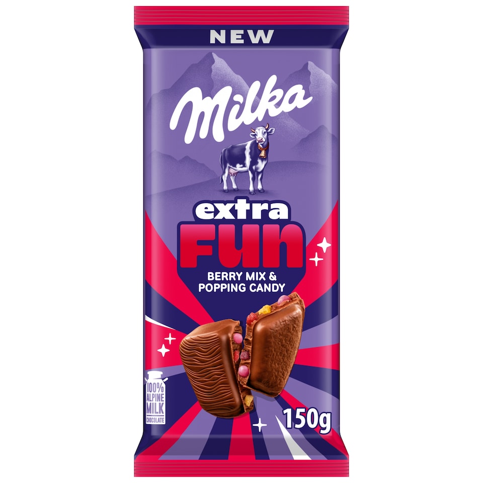 Milka Berry Mix mliečna čokoláda s praskavými perlami, lesnými plodmi a kúskami želé 150 g