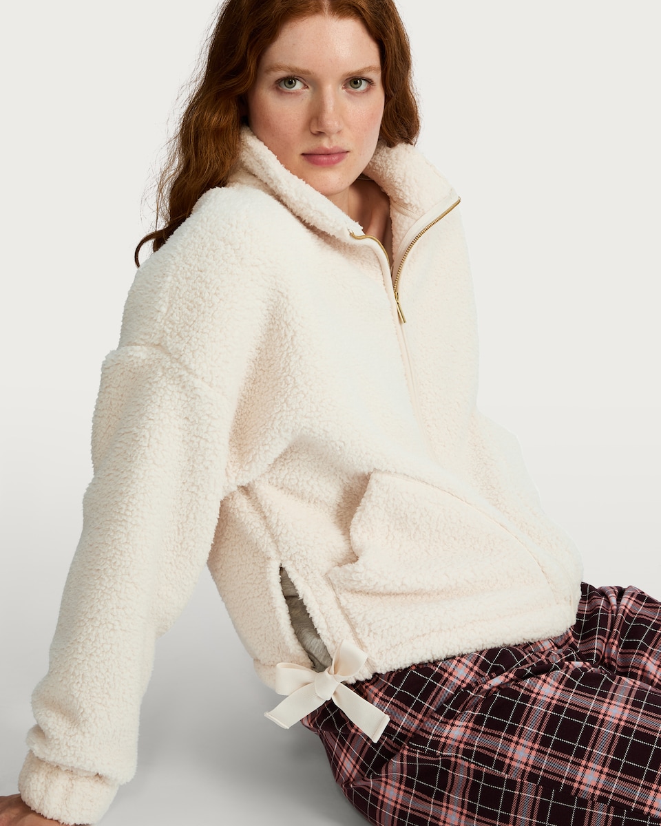 image 1 of F&F Textured Fleece Zip Up Pyjama Top in Cream