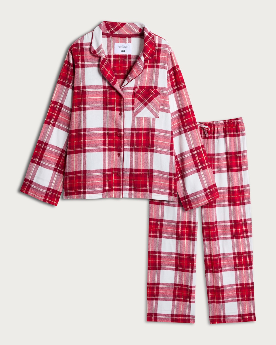 image 1 of F&F Cotton Rich Check Print Revere Shirt and Trousers Pyjama Set in Red