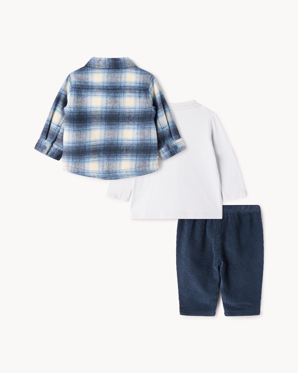 image 1 of F&F Baby Check Shirt, T-Shirt and Trousers Set in Blue