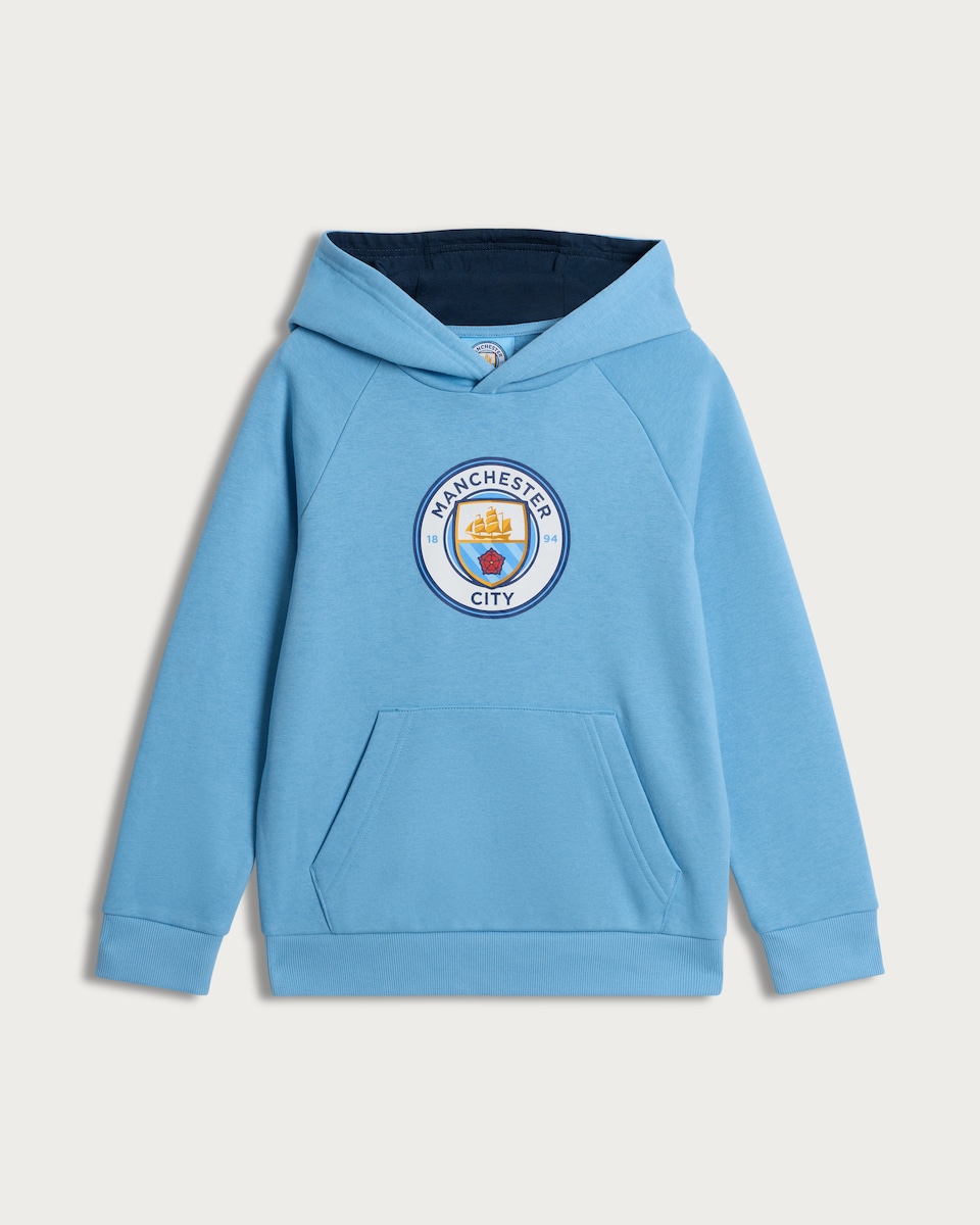 image 1 of Manchester City Logo Cotton Rich Hoodie in Blue