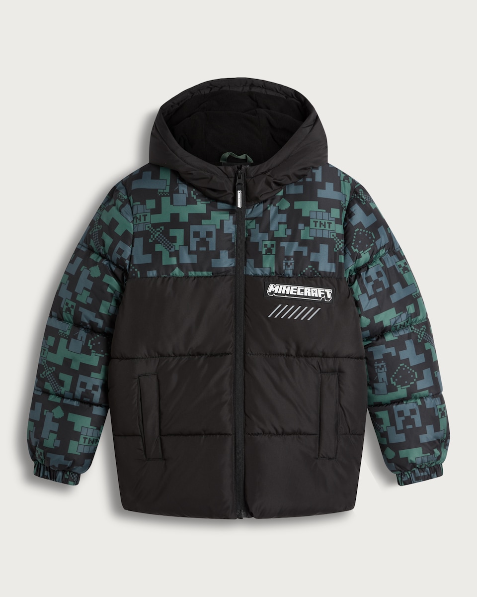 Minecraft Creeper Print Puffer Jacket in Black