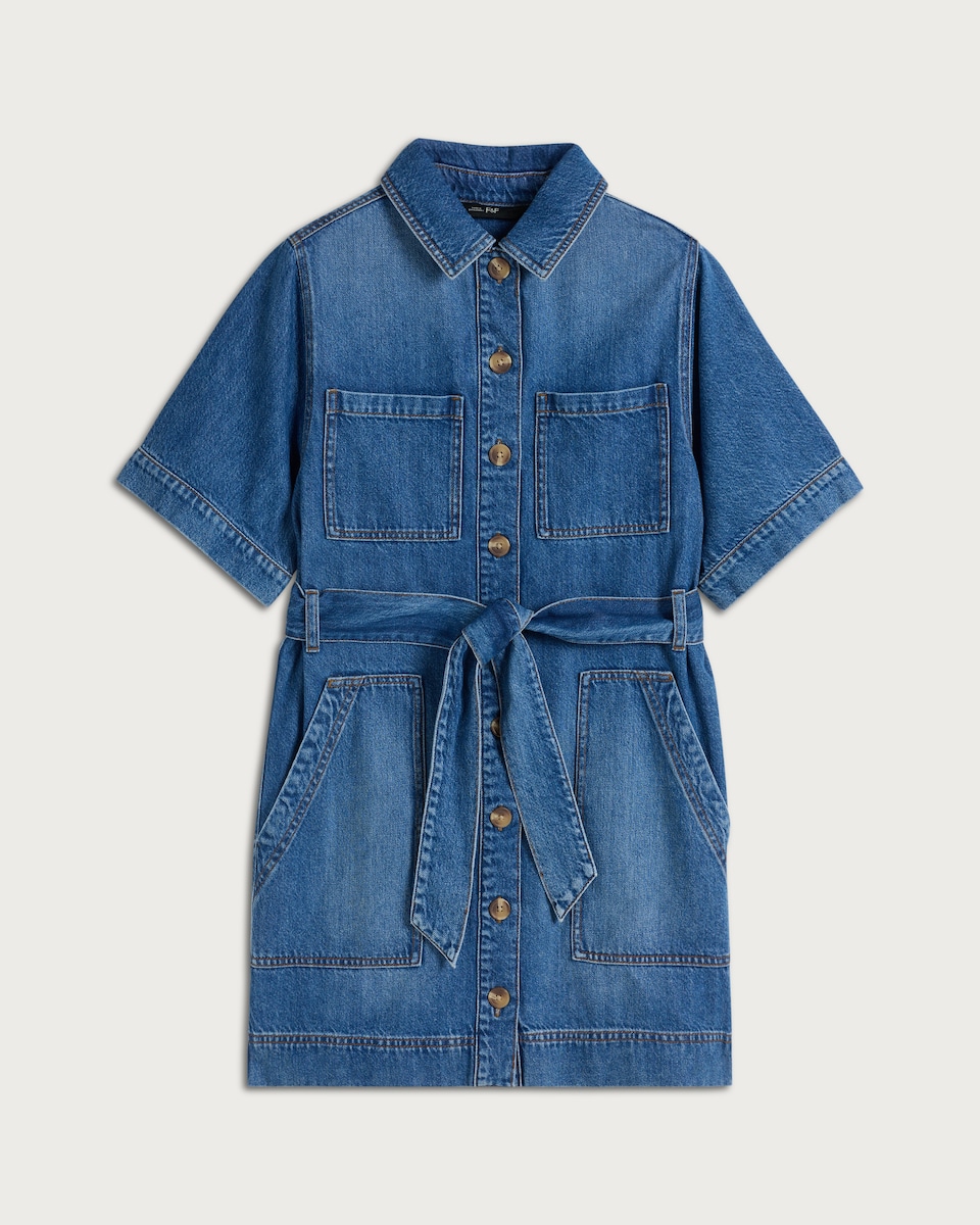 image 1 of F&F Pure Cotton Button Up Belted Mini Dress in Navy