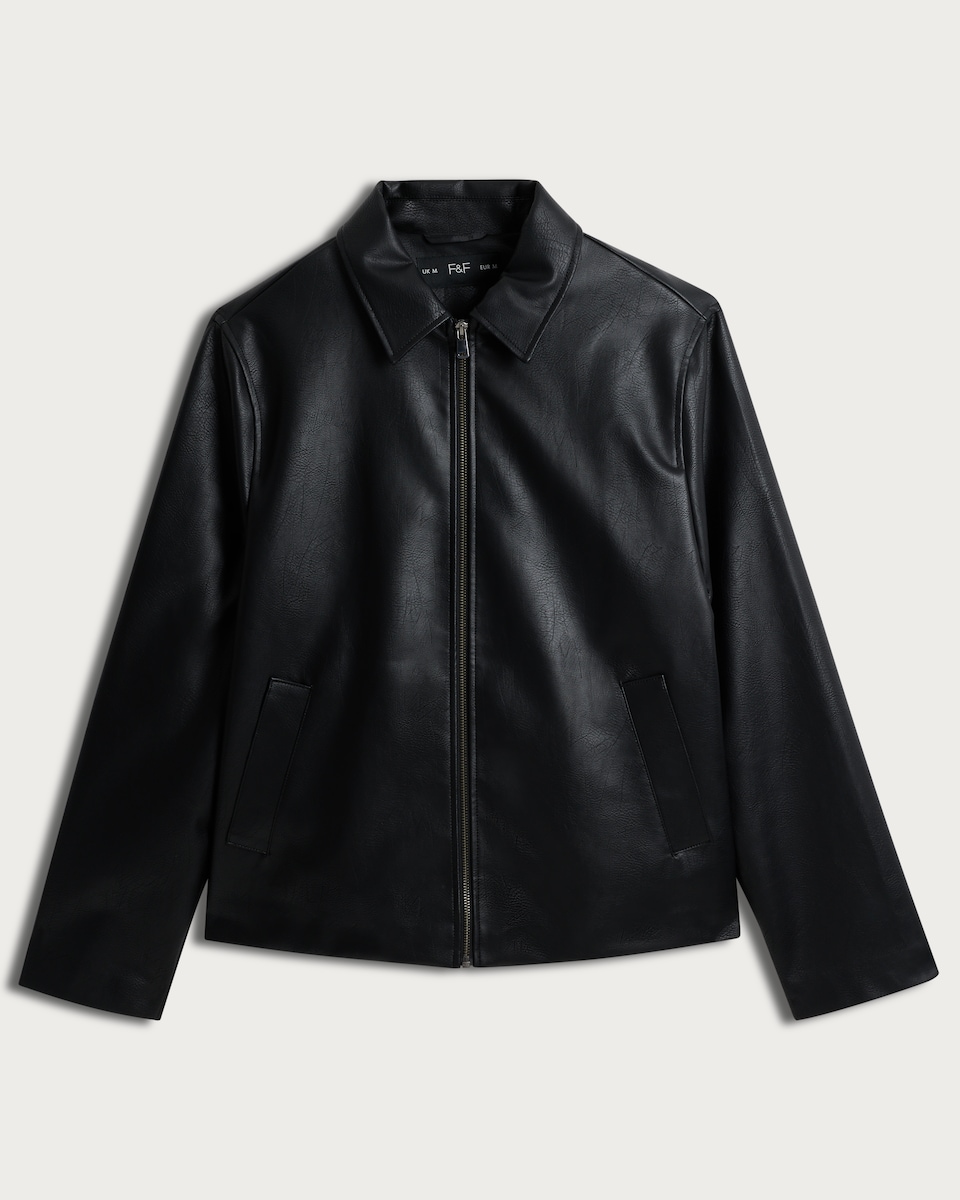 image 1 of F&F Zip-Up Faux Leather Jacket in Black