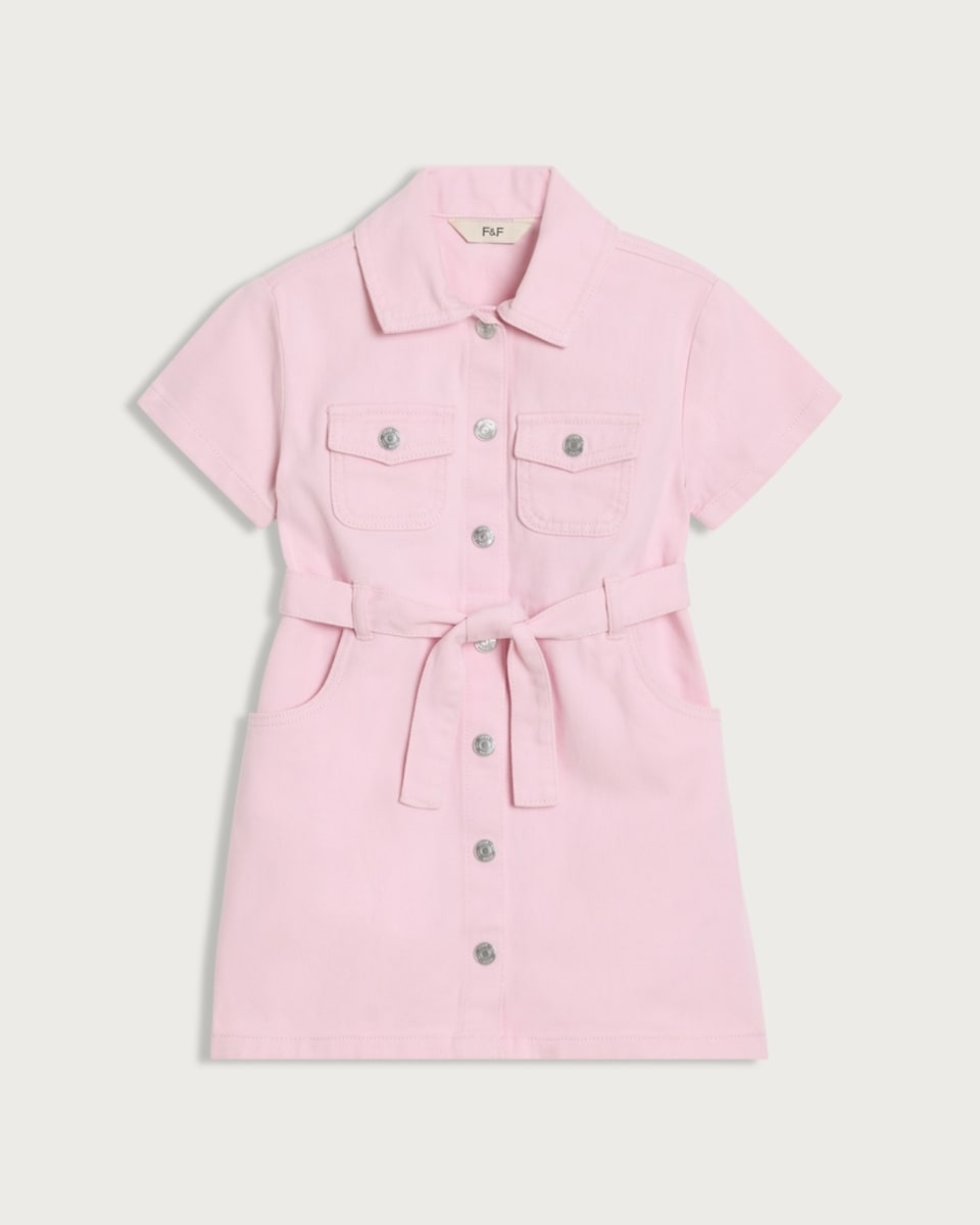 F&F Girls Pure Cotton Belted Denim Dress in Pink