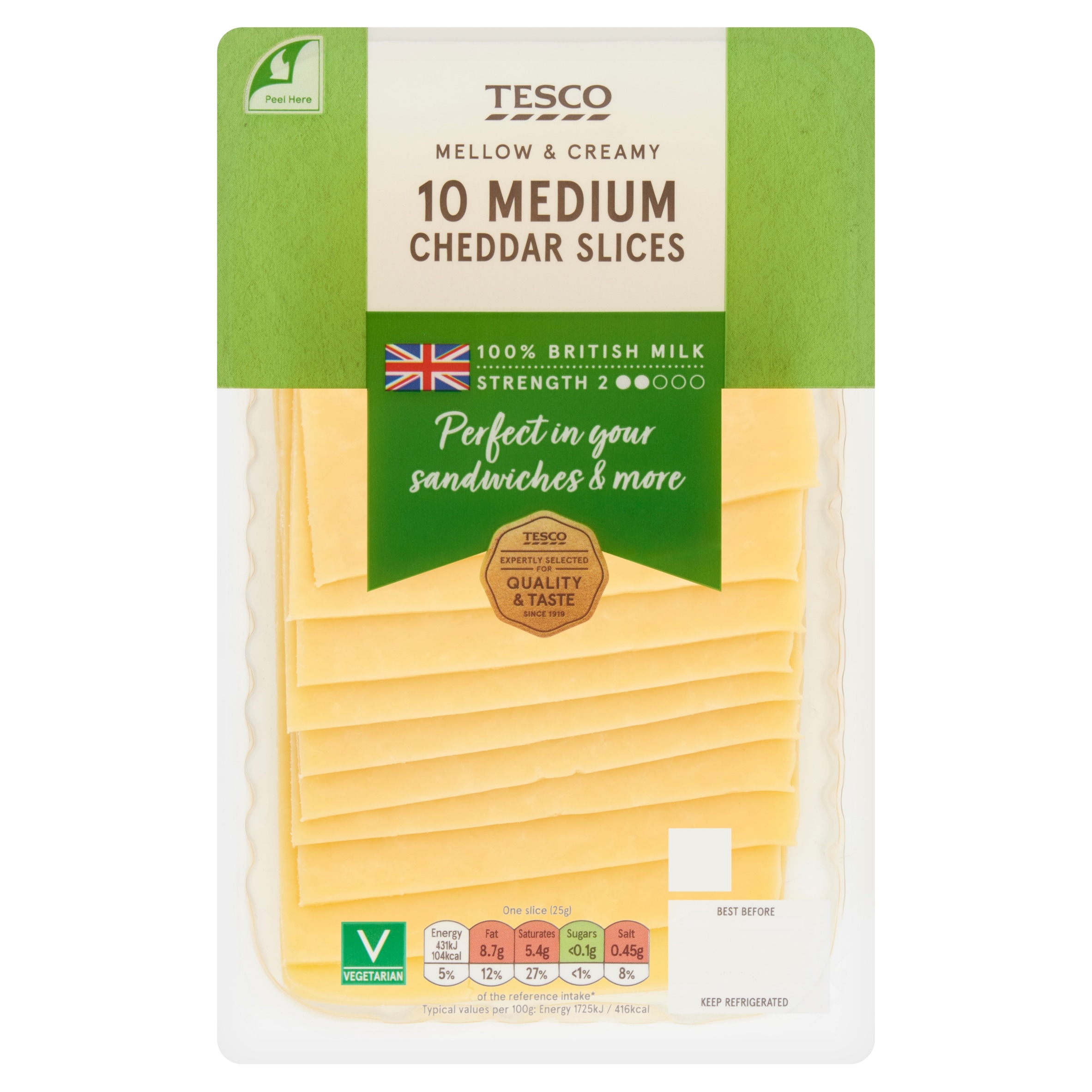 Tesco British Medium Cheddar 10 Slices, 250 G