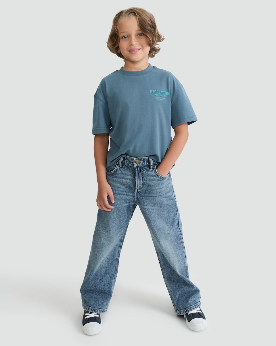 image 1 of F&F Boys Cotton Rich Wide Leg Denim Jeans in Blue