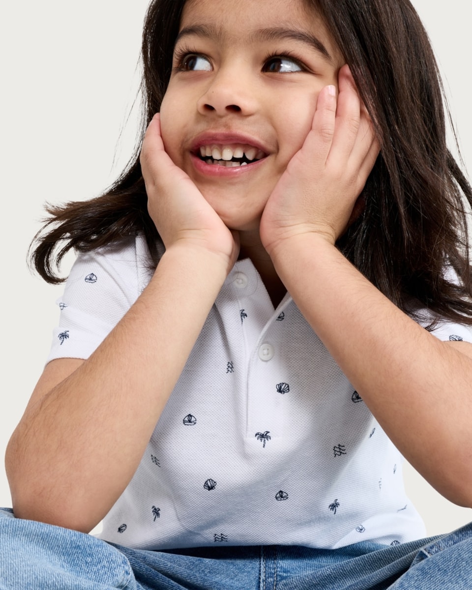 image 1 of F&F Boys Pure Cotton Seaside Print Polo Shirt in White