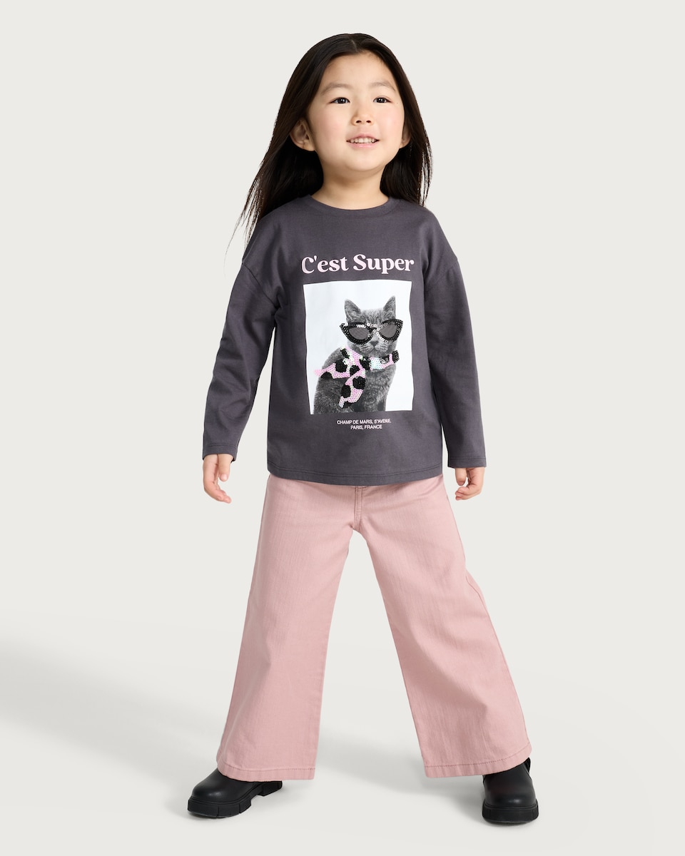 image 1 of F&F Girls Pure Cotton Cat Print Long Sleeved Top in Black