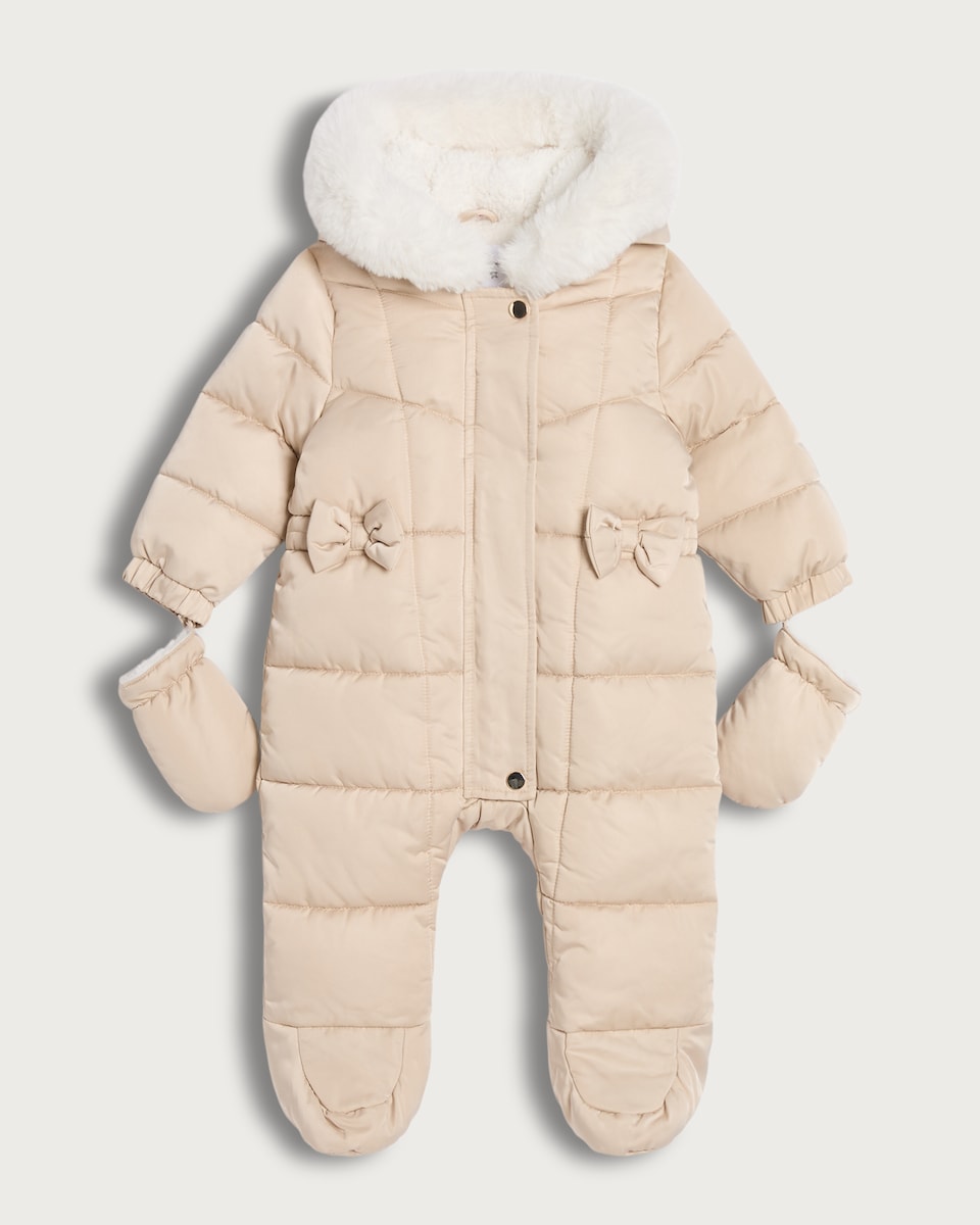 image 1 of F&F Baby Quilted High Shine Shower Resistant Pramsuit in Amber