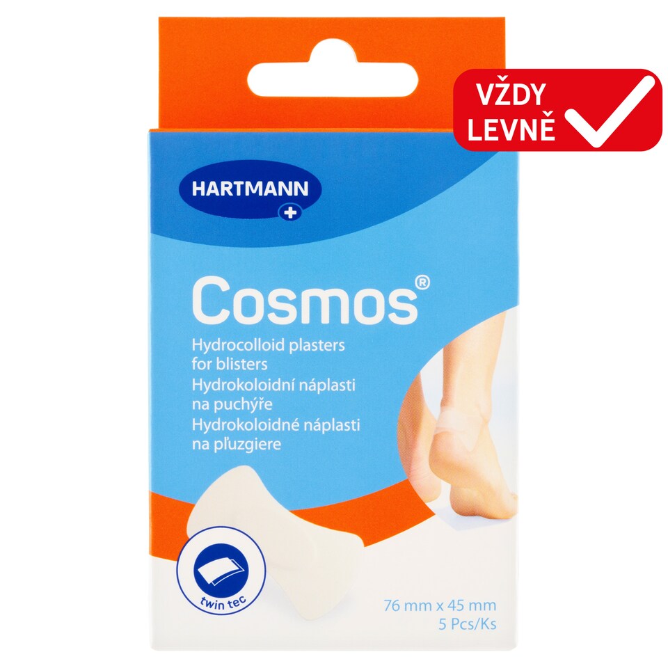 Obrázek 1 pro produkt Hartmann Cosmos Hydrokoloidní náplasti na puchýře 76 mm  x 45 mm 5 ks