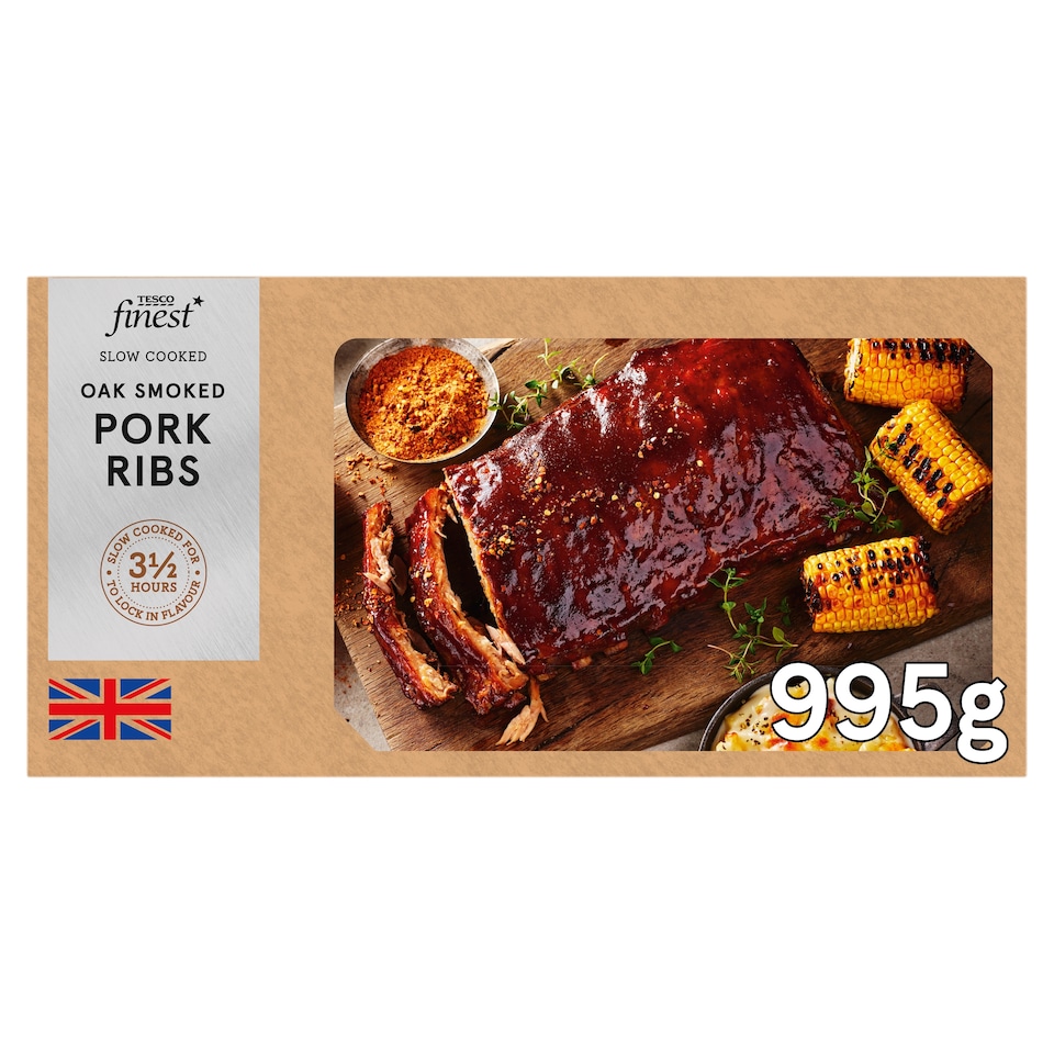 Tesco Finest Oak Smoked British Pork Ribs with Hot Wildflower Honey, Apple & Bourbon glaze 995g