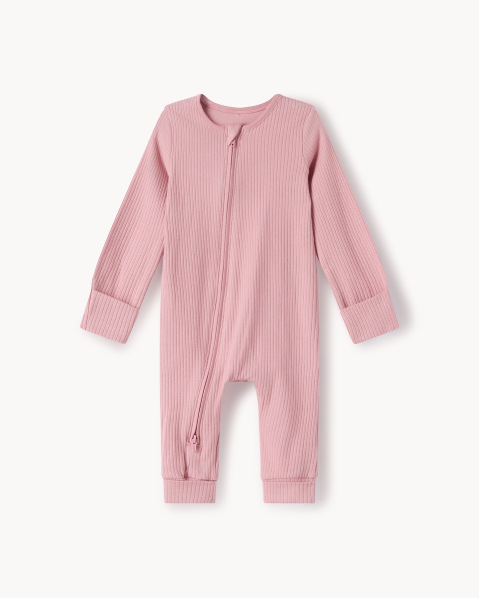 image 1 of F&F Baby 3-Pack Baby Ribbed Long Sleeved Sleepsuits in Pink