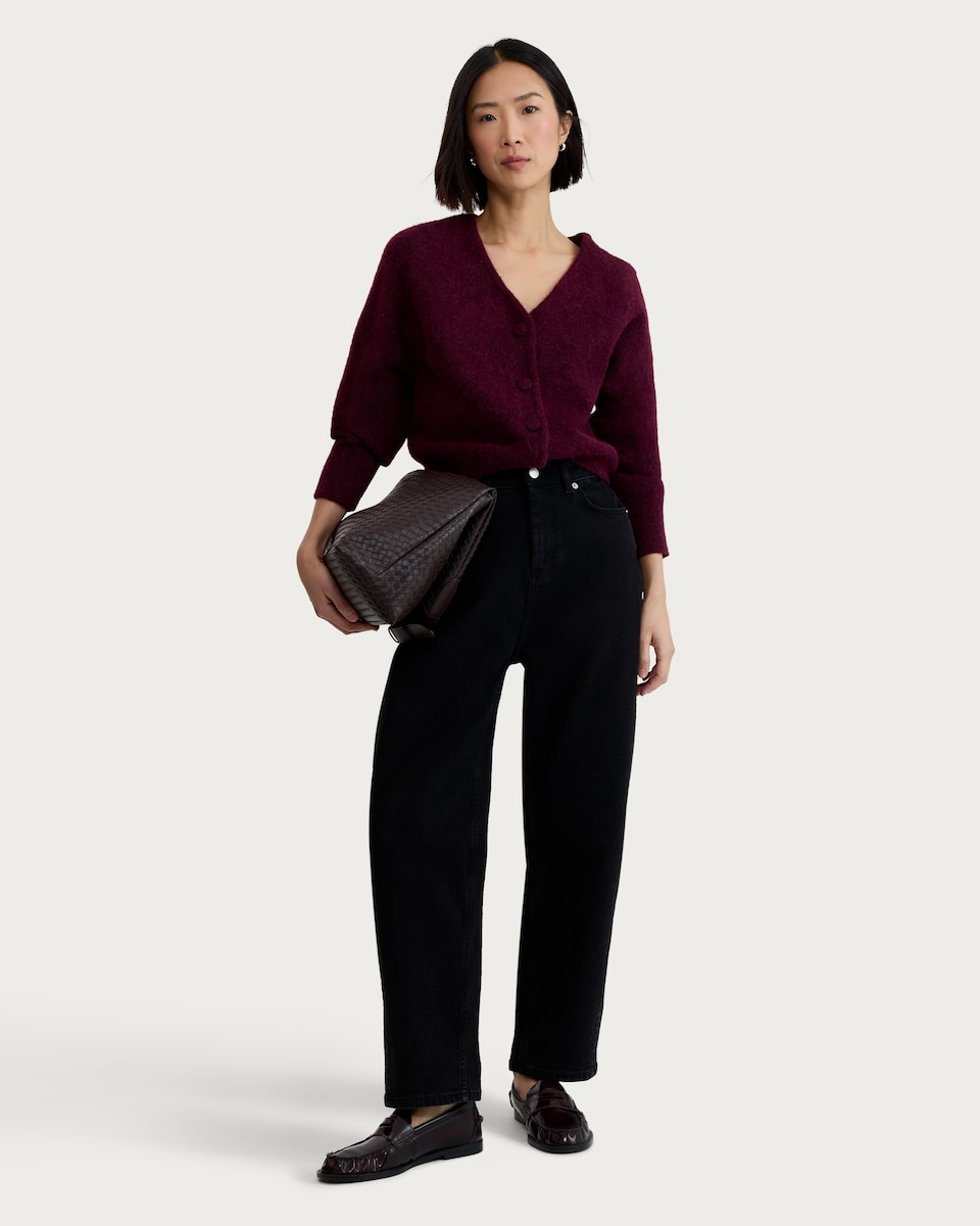 image 1 of F&F Knitted Fluffy V Neck Cardigan in Burgundy