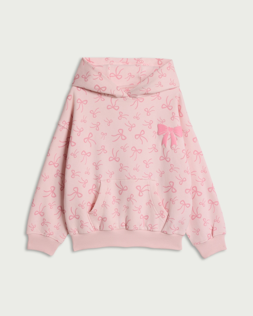 image 1 of F&F Girls Cotton Rich Bow Print Hoodie in Pink
