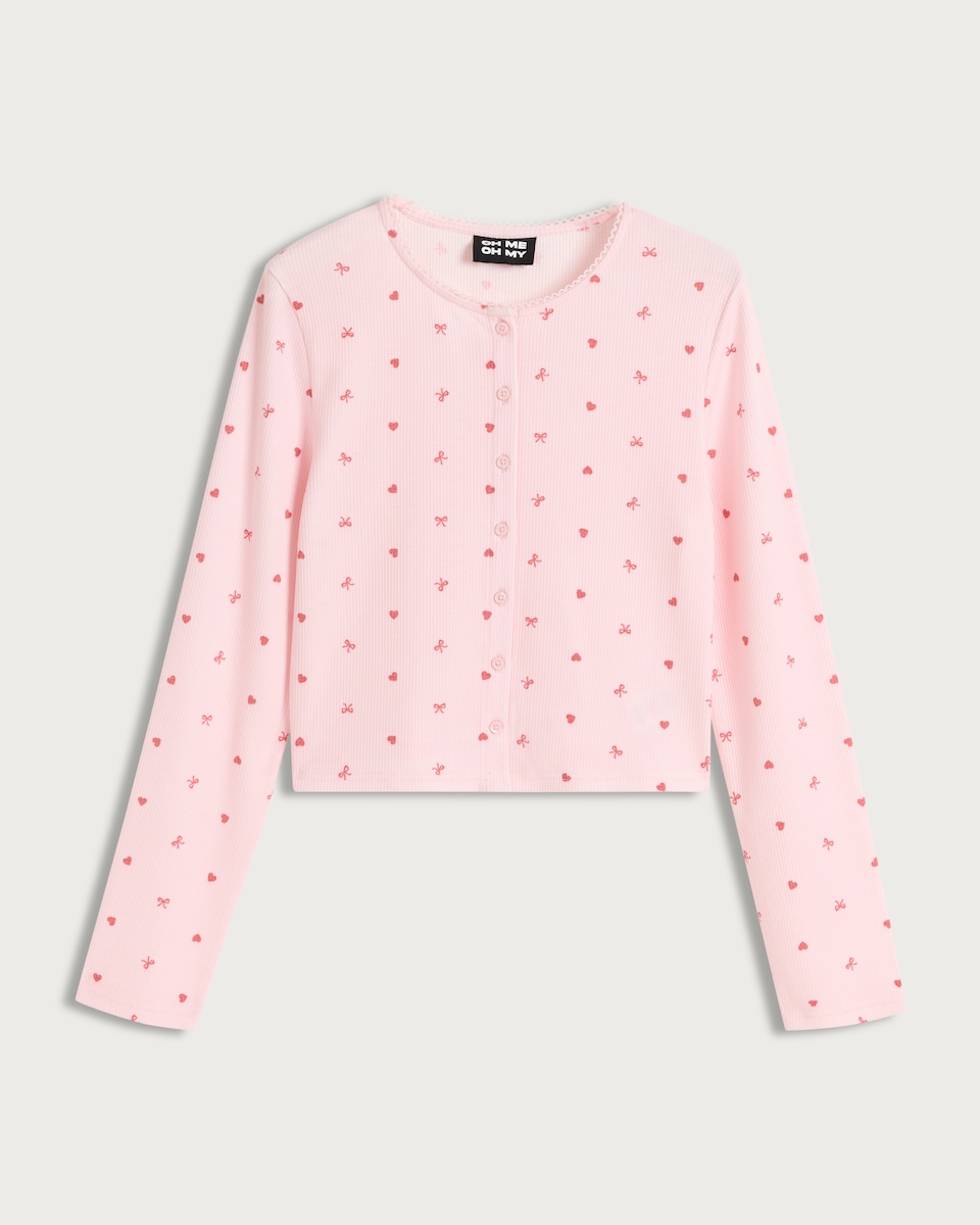 image 1 of OH ME OH MY Ribbed Heart Bow Print Pyjama Cardigan in Pink