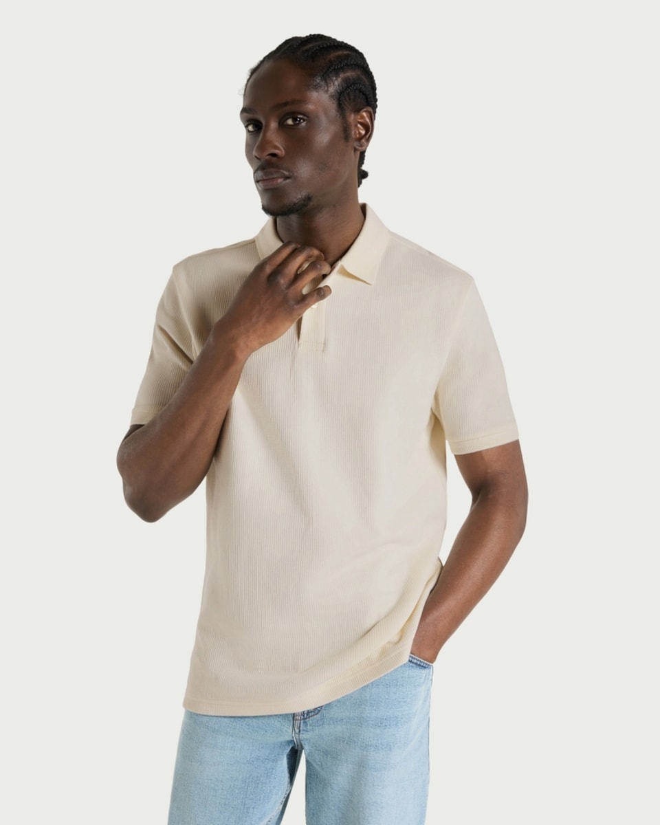 image 1 of F&F Pure Cotton Textured Polo Shirt in Cream