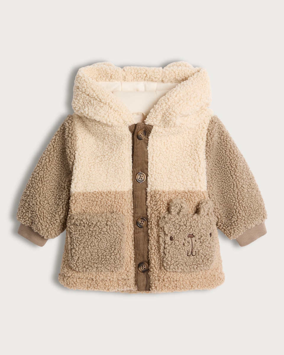 image 1 of F&F Baby Borg Textured Animal Pocket Hooded Jacket in Brown