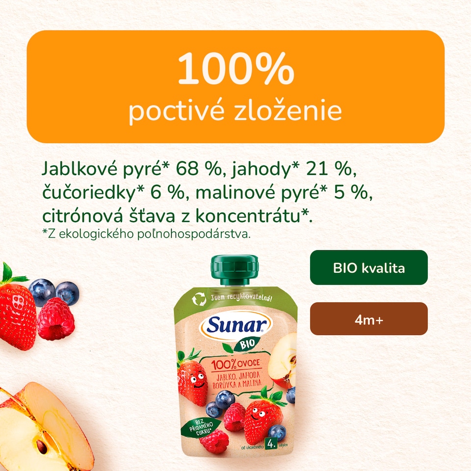 obrázok 1 z Sunar BIO ovocná kapsička Jablko, jahoda, čučoriedka, malina 4m+, 100 g