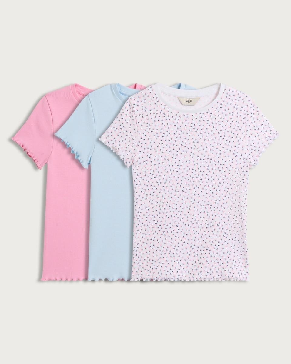 image 1 of F&F Girls 3-Pack Cotton Rich Lettuce Hem T-Shirts in Multi Pink