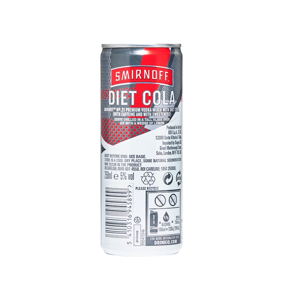 image 1 of Smirnoff Vodka & Diet Cola Can 5% Vol 250ml