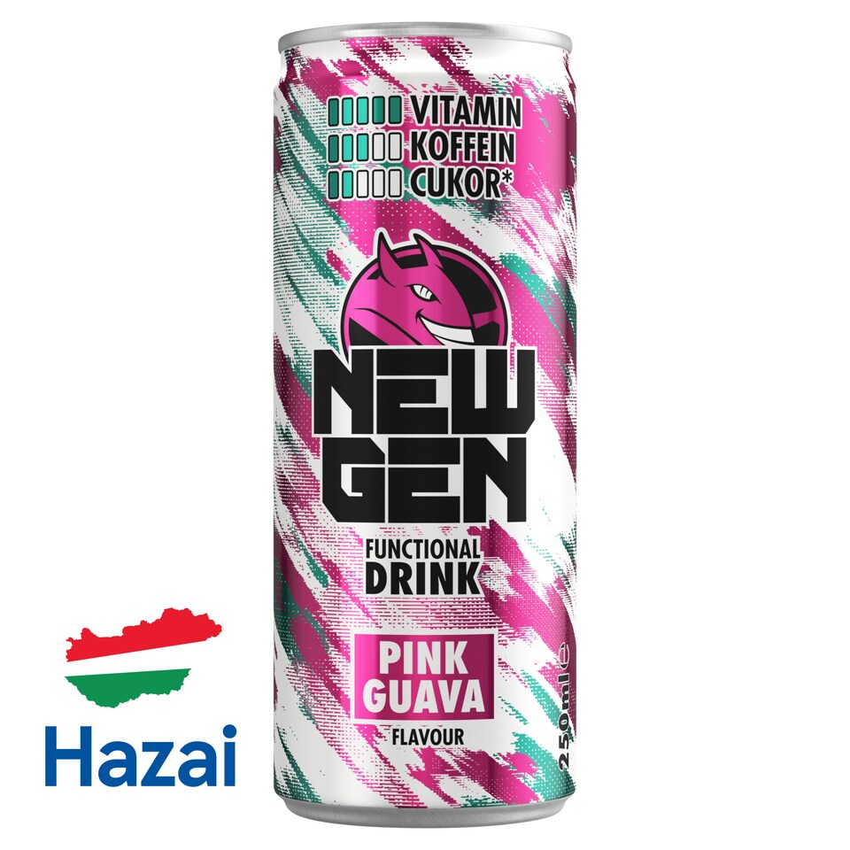 New Gen rózsaszín guava- és tuttifruttiízű, koffeintartalmú, szénsavas, alkoholmentes ital 250 ml  1. kép