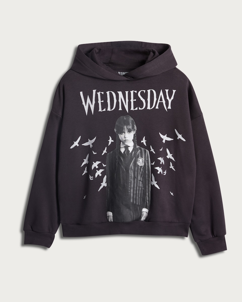 Wednesday Addams Print Cotton Rich Hoodie in Black