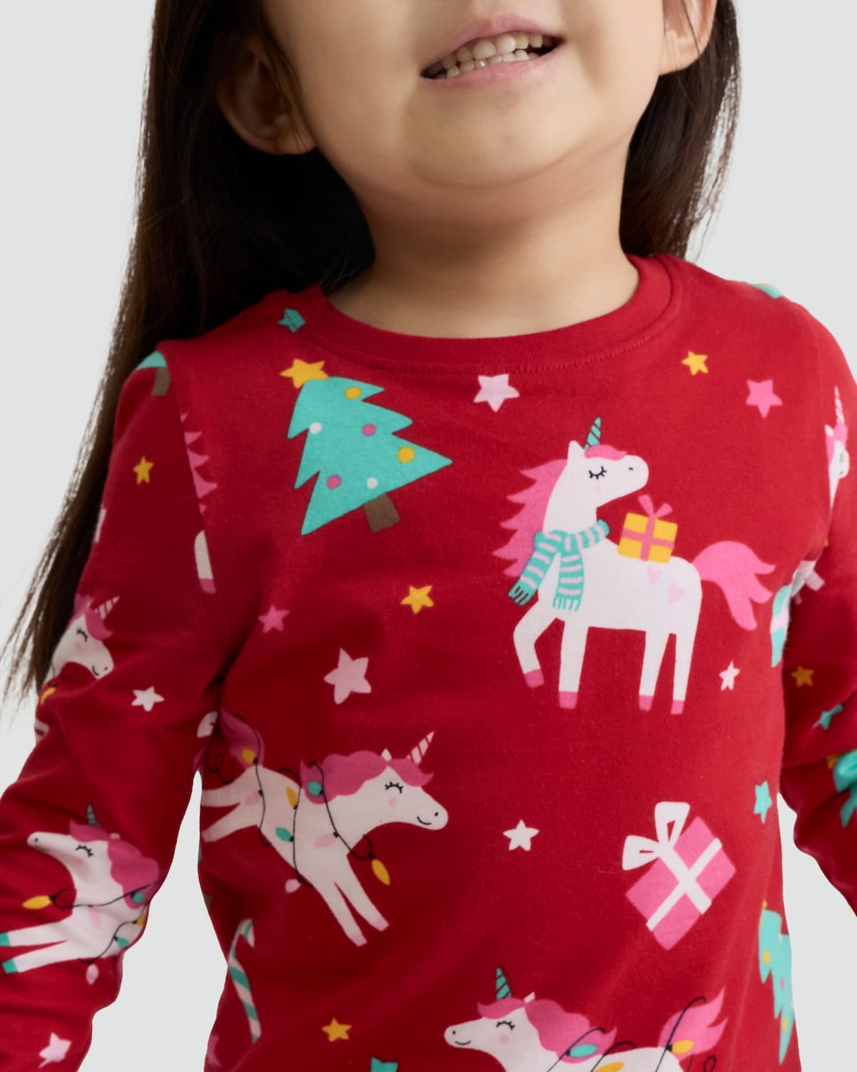 image 1 of F&F Girls Pure Cotton Christmas Unicorn Top and Cuffed Joggers Pyjamas in Red Multi